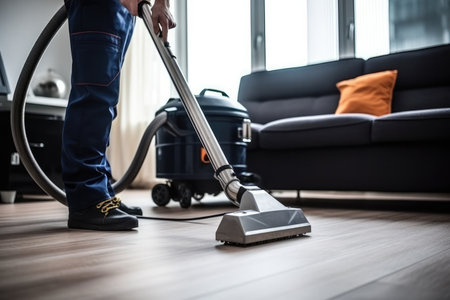 Janitor Using Vacuum Cleaner For Professional Carpet Cleaning Service.の素材