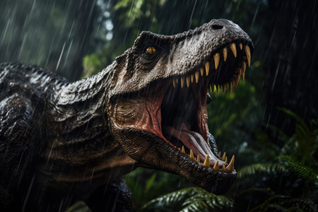 Predator Dinosaur Roaring In Wet Rainforest. Ð¡oncept Sunset Beach Wedding, Urban Cityscape, Nature Hiking Adventure, Pet Portraits, Automotive Photography.の素材