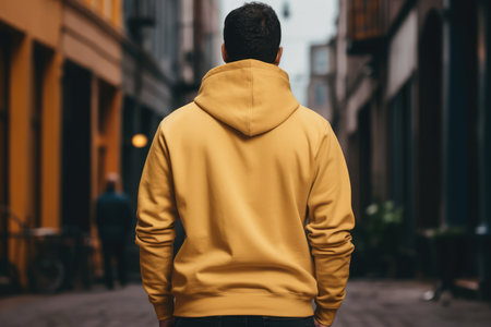 Man In Mustard Hoodie On The Street, Back View, Mockup.の素材