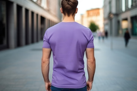 Man In Purple Tshirt On The Street, Back View, Mockup.の素材