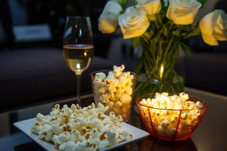 Cozy Movie Night At Home With Popcorn And Drinks Photorealism.の素材