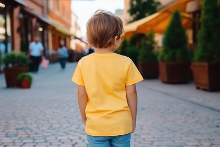 Little Boy In Yellow Tshirt On The Street, Back View, Mockup.の素材