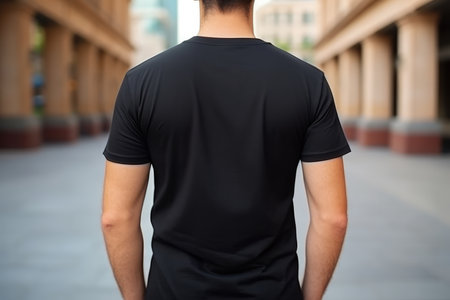 Man In Black Tshirt On The Street, Back View, Mockup.の素材
