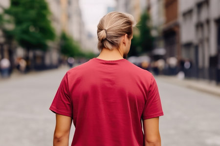 Man In Red Tshirt On The Street, Back View, Mockup.の素材