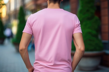 Man In Pink Tshirt On The Street, Back View, Mockup.の素材