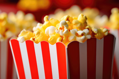 Striped Box Filled With Delicious Popcorn Kernels. Ð¡oncept Gourmet Popcorn Flavors, Movie Night Snacks, Diy Popcorn Seasonings.の素材