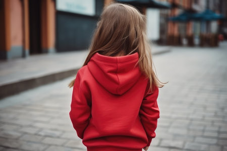The Little Girl In Red Hoodie On The Street, Back View, Mockup.の素材