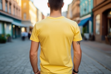Man In Yellow Tshirt On The Street, Back View, Mockup.の素材