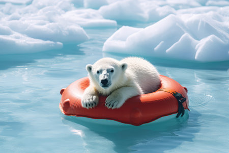 Melting Snows Surround A Polar Bear On A Lifebuoy, Highlighting Climate Change.の素材
