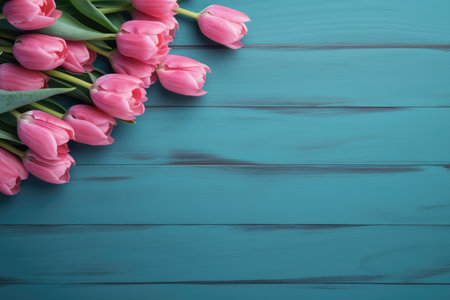 Tulip Border With Pink Flowers On A Turquoise Wooden Background. Concept Floral Still Life, Spring Colors, Whimsical Background, Nature Inspired, Vibrant Blooms.の素材