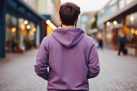 Man In Purple Hoodie On The Street, Back View, Mockup.の素材
