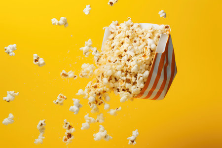 Scattered Popcorn Spilling Out Of Striped Bag On Yellow Background.の素材