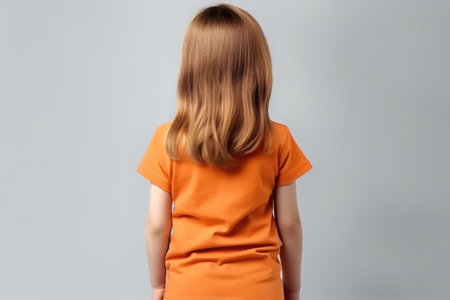 The Little Girl In Orange Tshirt On White Background, Back View, Mockup.の素材