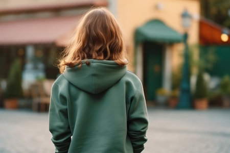 The Little Girl In Green Hoodie On The Street, Back View, Mockup.の素材