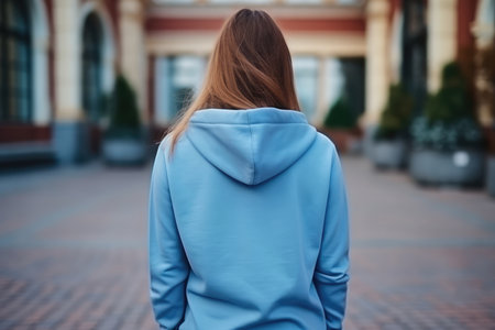 Woman In Blue Hoodie On The Street, Back View, Mockup.の素材