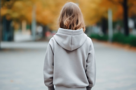 The Little Girl In Light Gray Hoodie On The Street, Back View, Mockup.の素材