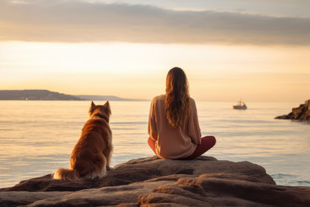 Woman Finds Solace In Meditation By The Sea, Supported By Her Dog.の素材