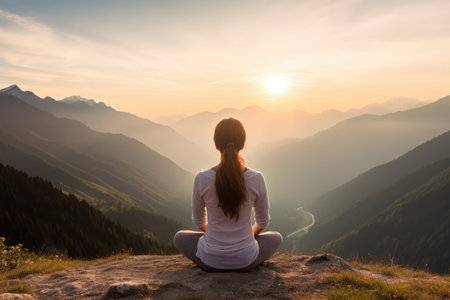 Young Woman Finds Serenity And Focus In Mountain Meditation. Concept Mountain Meditation, Finding Serenity, Focus In Nature, Young Woman, Mindfulness Retreat.の素材