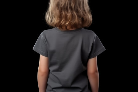 The Little Girl In Dark Gray Tshirt On Black Background, Back View, Mockup.の素材