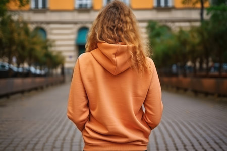 Woman In Orange Hoodie On The Street, Back View, Mockup.の素材