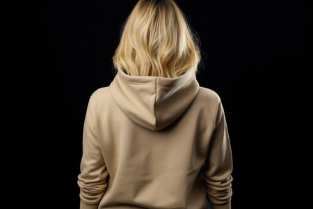 Woman In Gold Hoodie On White Background, Back View, Mockup.の素材