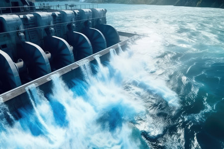 Top View Hydroelectric Dam, Blue Industrial Banner Concept.の素材