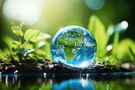 Water Conservation And Protecting The Planet. Concept Climate Change Awareness, Sustainable Living, Recycling Tips, Renewable Energy Solutions.の素材