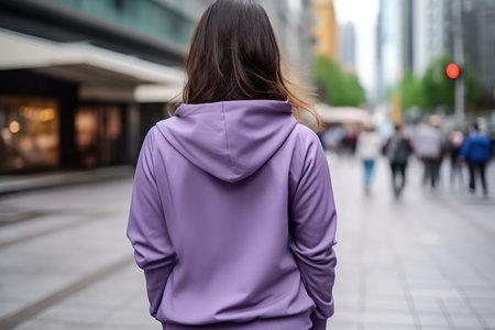 Woman In Purple Hoodie On The Street, Back View, Mockup.の素材