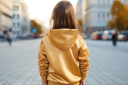 The Little Girl In Gold Hoodie On The Street, Back View, Mockup.の素材