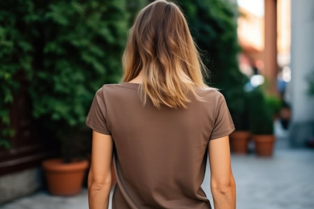 Woman In Brown Tshirt On The Street, Back View, Mockup.の素材
