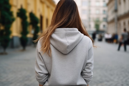 Woman In Gray Hoodie On The Street, Back View, Mockup.の素材