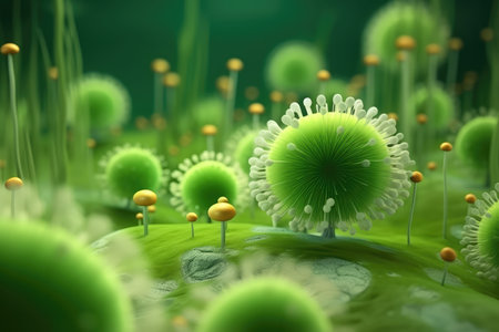 D Illustration Of Plant Pollen Sad Green Virus Illustration In Fantasy Style.の素材