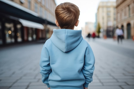 Little Boy In Blue Hoodie On The Street, Back View, Mockup.の素材