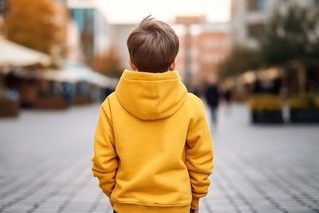 Little Boy In Yellow Hoodie On The Street, Back View, Mockup.の素材