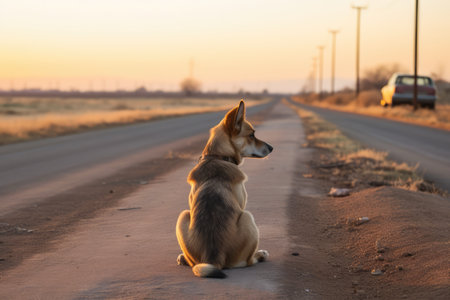 Abandoned Dog Waits On Road As Car Drives Away.の素材