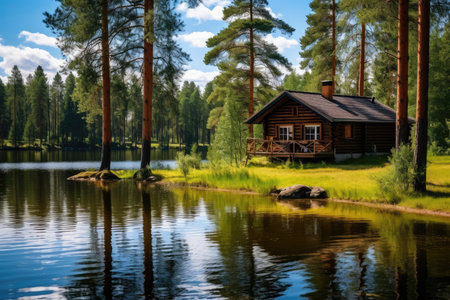 Cabin In Finnish Pine Forest Near Lake, Summer.の素材