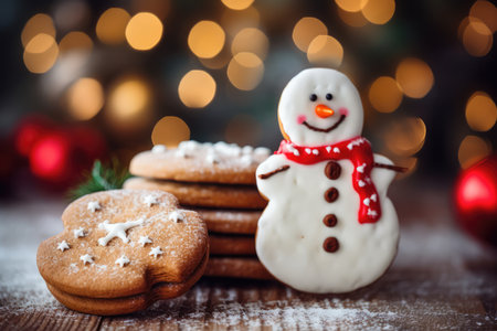 Christmas Cookies And Snowman On Festive Background.の素材