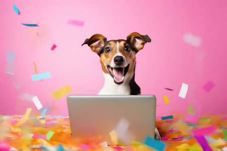 Excited Dog With Laptop And Confetti On Pastel Background.の素材