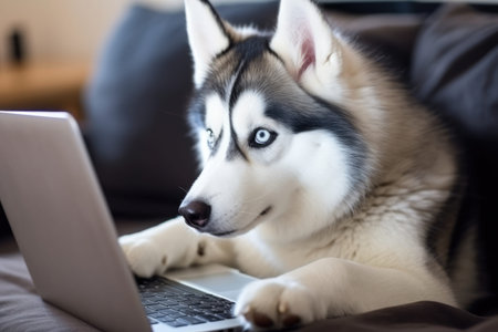 Husky Dog Working With Laptop At Home.の素材