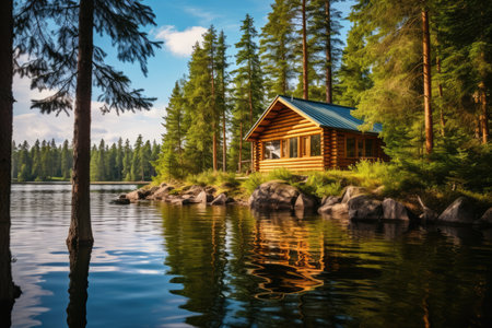 Cabin In Finnish Pine Forest Near Lake, Summer.の素材