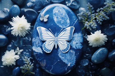 Cyanotype Of Stone Surrounded By Fantasy Butterfly Flowers.の素材