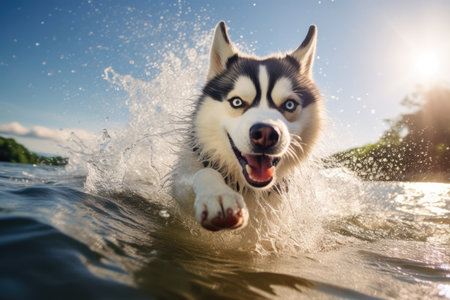 A Husky Dog Running In The Water.の素材