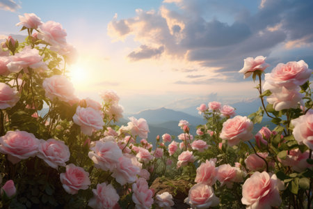 Fantasy Sky With Pink Rose Garden, Stars, And Clouds.の素材