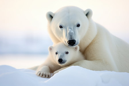 Heartwarming Image Of Polar Bear Mother And Cub. Concept Wildlife Conservation, Arctic Wildlife, Parental Bond, Endangered Species.の素材