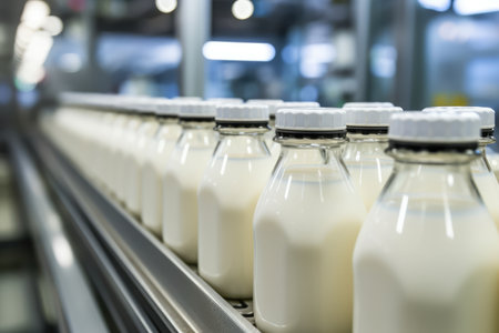 Milk And Yogurt Filling In Plastic Bottles At Dairy Factory.の素材