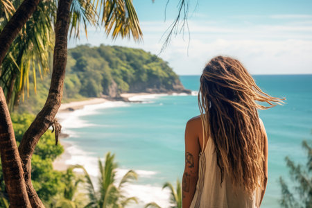 Woman With Dreadlocks Admiring Ocean On Tropical Island.の素材