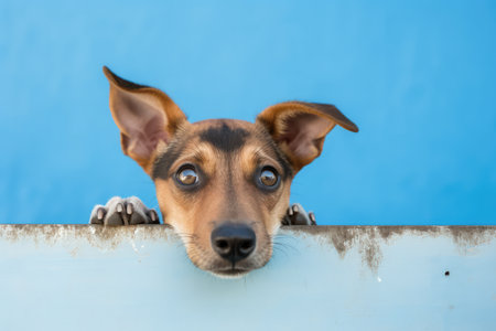 Timid Dog Peeks From Corner Against Worn Blue Backdrop. Ð¡oncept Shy Dog Photography, Cornered Canine Portraits, Peek-A-Boo Pooch Shoot, Subdued Pet Photos, Moody Blue Backdrop.の素材