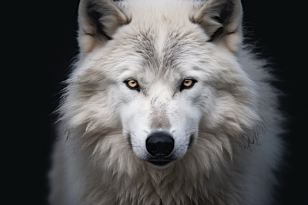 Intense Gaze Of White Wolf Against Dark Backdrop. Ð¡oncept Winter Wonderland Landscape, Elegant Black And White Portraits, Dreamy Sunset Silhouettes.の素材