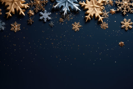 Winter Background With Gold And Navy Snowflakes.の素材