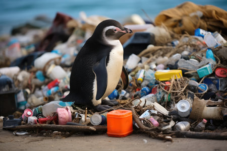 Penguin Surrounded By Garbage On Beach. Concept Environmental Pollution, Marine Conservation, Plastic Waste, Beach Cleanup, Impact Of Human Activities.の素材